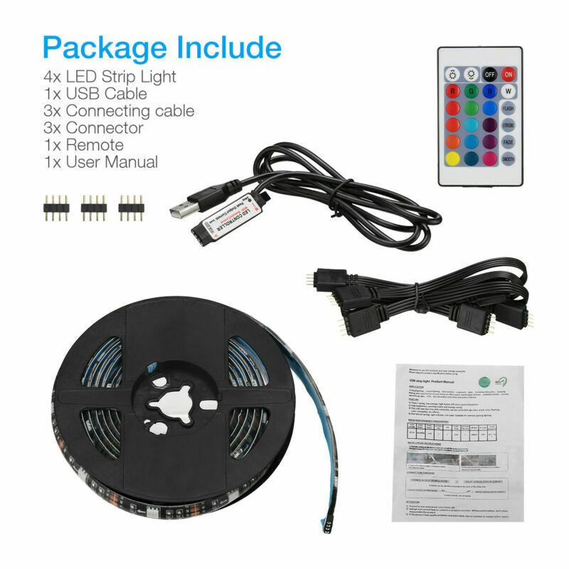 4x50CM USB 5V RGB LED Strip  Background Light  Remote Kit For TV Computer Lamp
